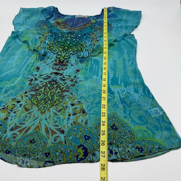 Unity World Wear Women’s Blue Green Studded Patterned Top Medium Flutter Sleeve - Picture 15 of 15